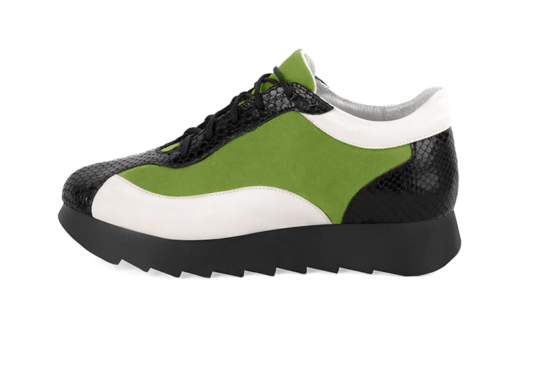 Satin black, grass green and off white women's elegant sneakers. Round toe. Low rubber soles. Profile view - Florence KOOIJMAN